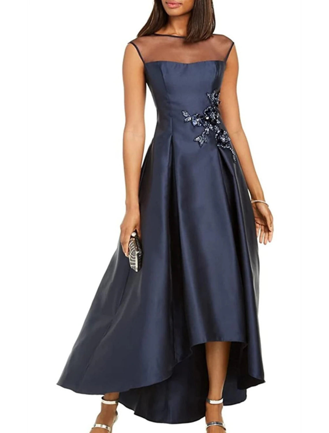 Vestido de noche elegante de corte A para invitadas de boda, vestido asimétrico sin mangas con cuello joya, vestido de otoño para invitadas de boda de satén.